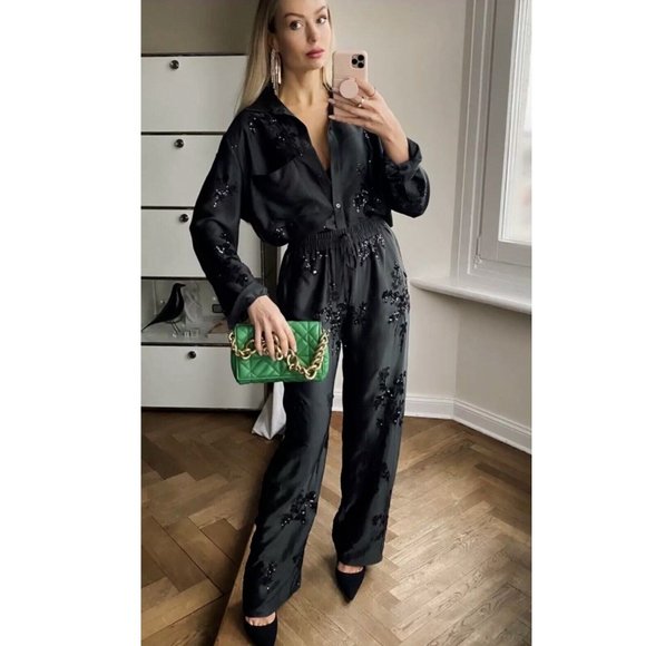 ZARA FLORAL SEQUIN EMBROIDERED SHIRT BLACK XS,S,M,L - Picture 7 of 14